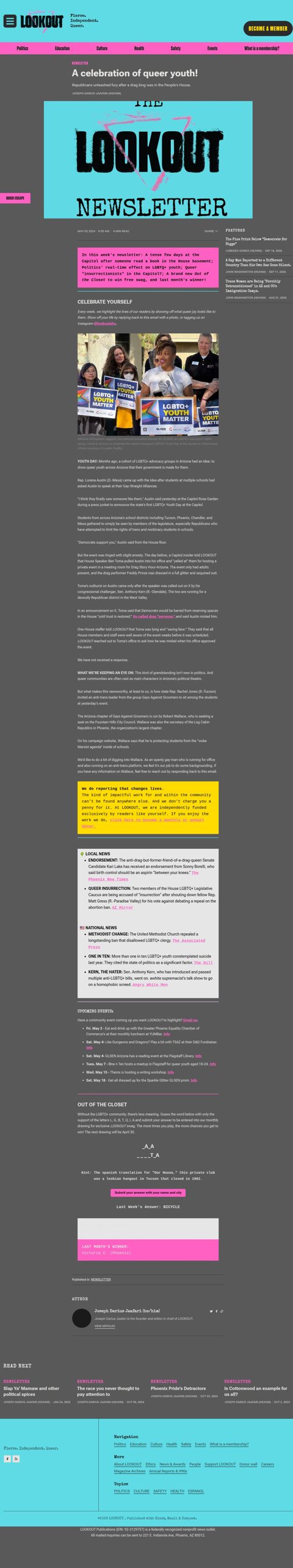 Captured original article page: A celebration of queer youth! / Fountain Hills political profile item