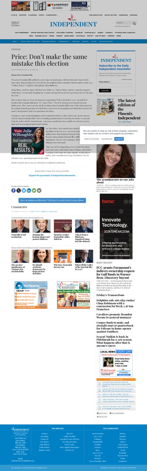 Captured original article page: Price: Don’t make the same mistake this election