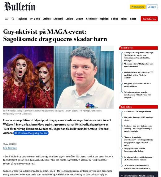 Captured original article page: Gay-aktivist på MAGA-event: Sagoläsande drag queens skadar barn